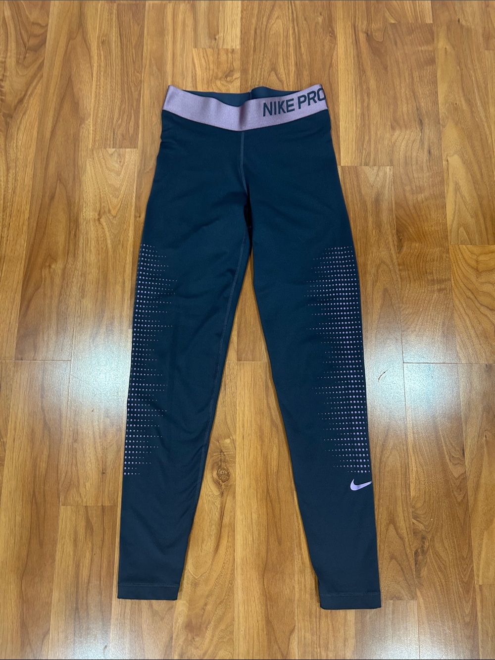 Nike Black Leggings with Lavender Waistband and Pink Swoosh